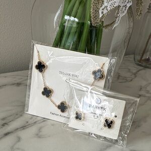 Gold Plated Black  Clover Bracelet and Earrings Set